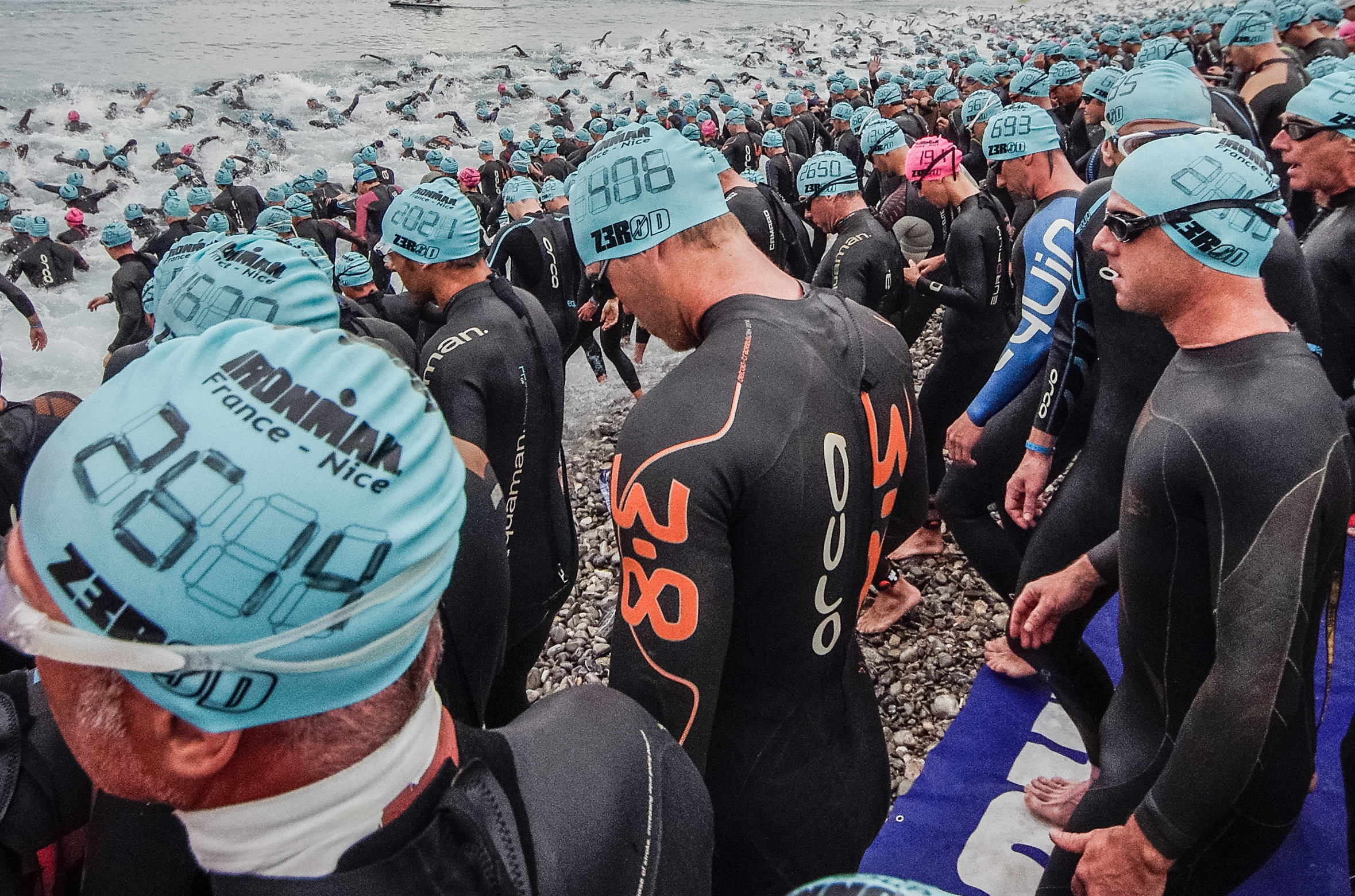 Nice,France - June 22, 2013: athletes await for the starting of the swimming fraction of the 2013 ironman edition in the beach of the centennaire. Ironman is the toughest discipline in modern triathlon.